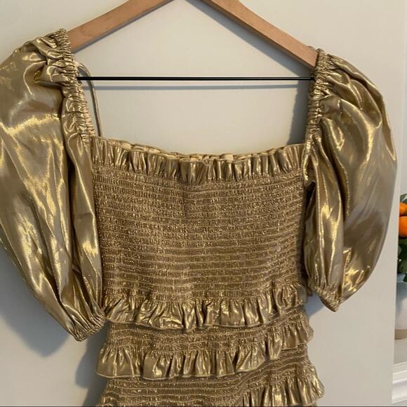 V. Chapman Gold Metallic Smocked Tiered Puff Sleeve Mini Dress 0 - Picture 14 of 16